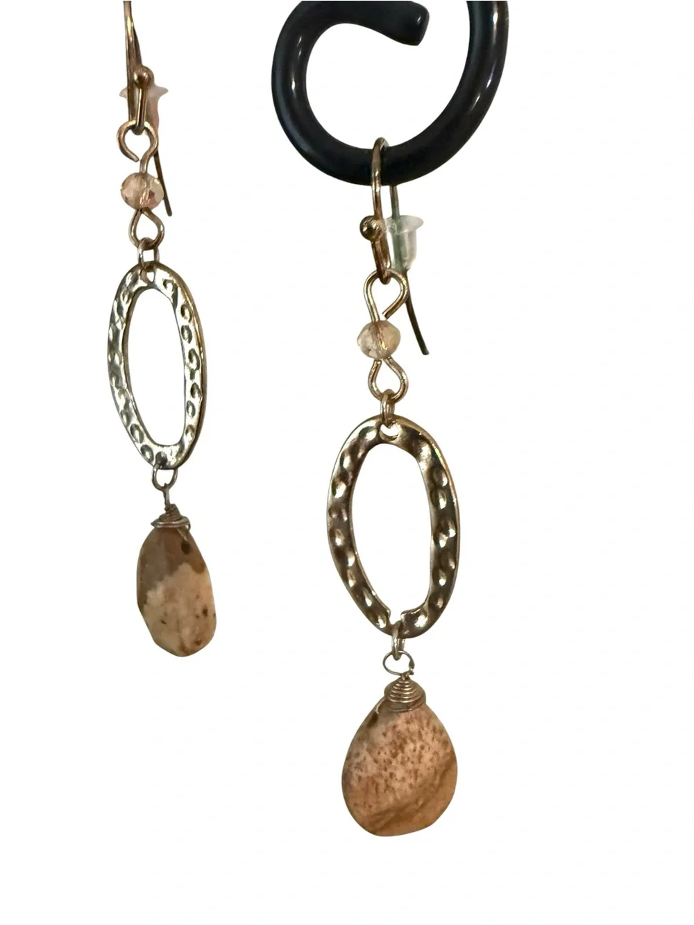 Handcrafted Artisan Hammered Gold Oval Drop Earrings Natural Stone Pendant